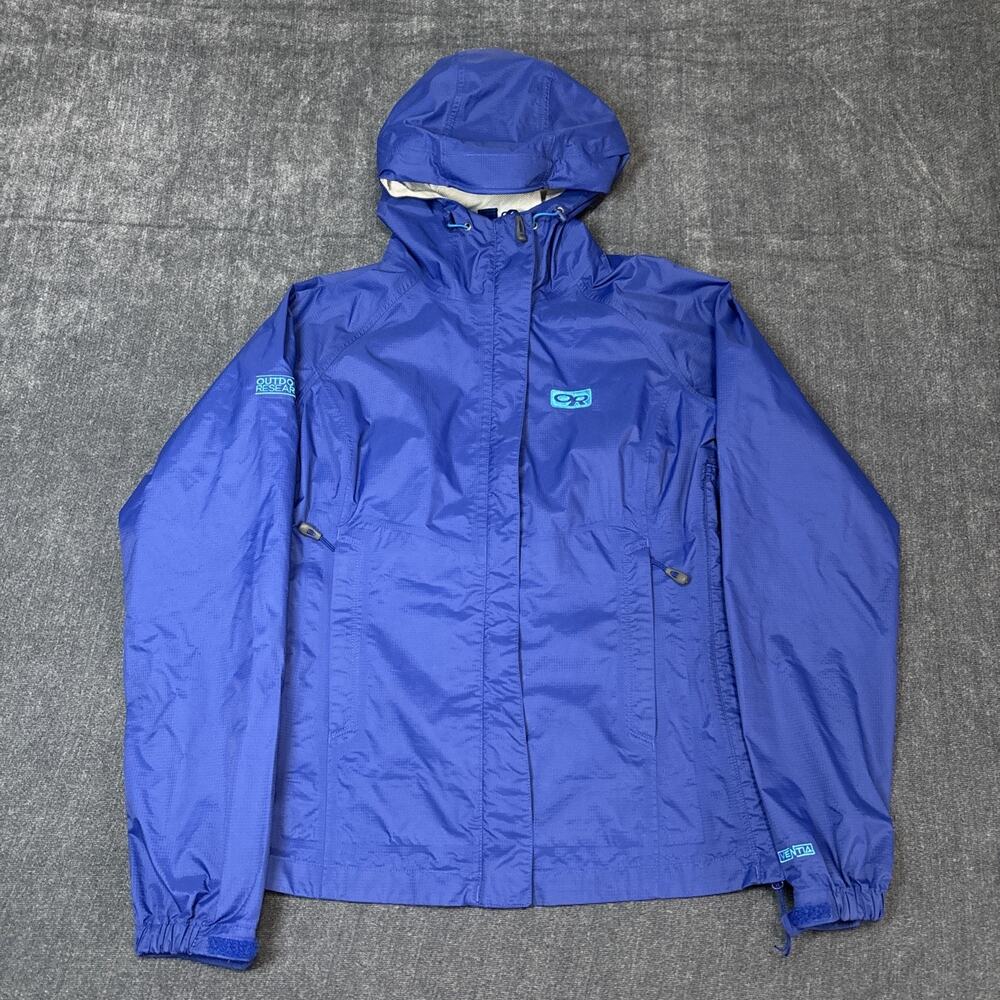Outdoor Research Horizon Ventia Hooded Jacket Small Womens Blue Rain Full Zip